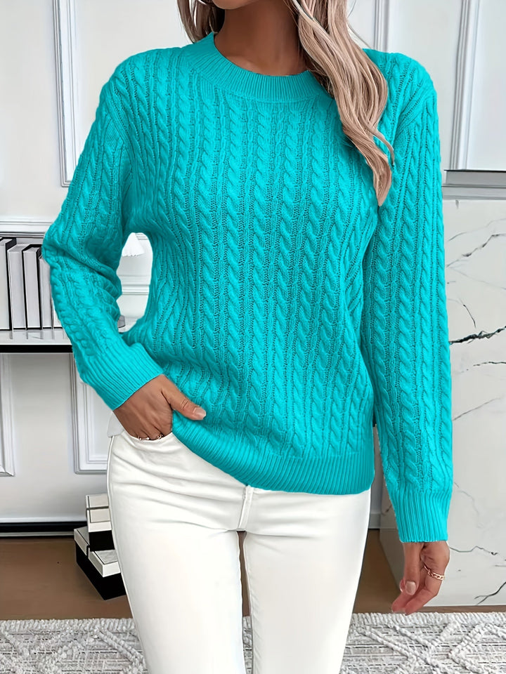 Women's cable knit jumper Rosalina in Peacock Blue – front view hand in pocket