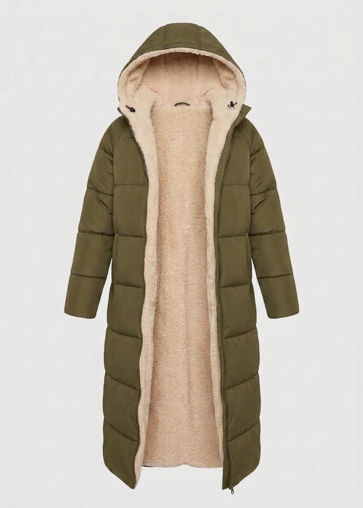 Wells women's sherpa-lined puffer coat in Olive Green – front view