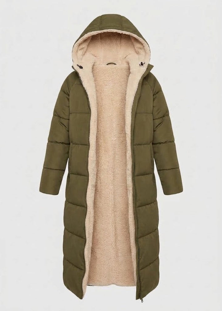Wells women's sherpa-lined puffer coat in Olive Green – front view