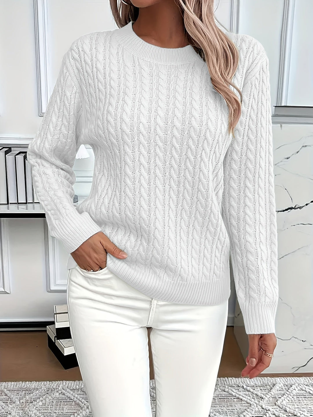 Women's cable knit jumper Rosalina in White – front view hand in pocket