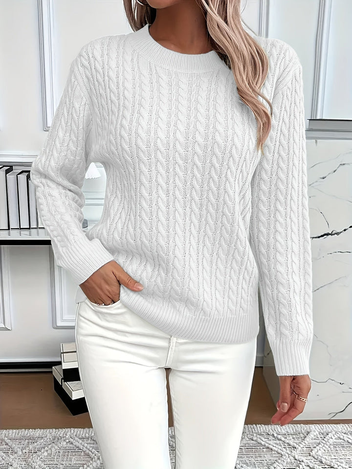 Women's cable knit jumper Rosalina in White – front view hand in pocket