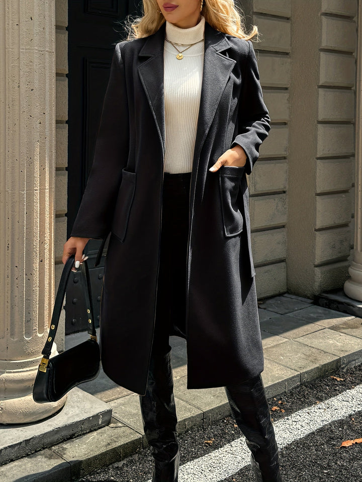 Women's belted wrap coat Romilly in Black – worn open view