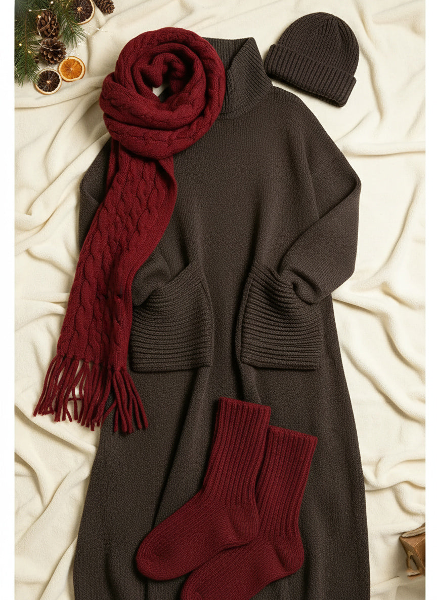 Genna - High-Neck Long-Sleeve Casual Loose Knit Dress