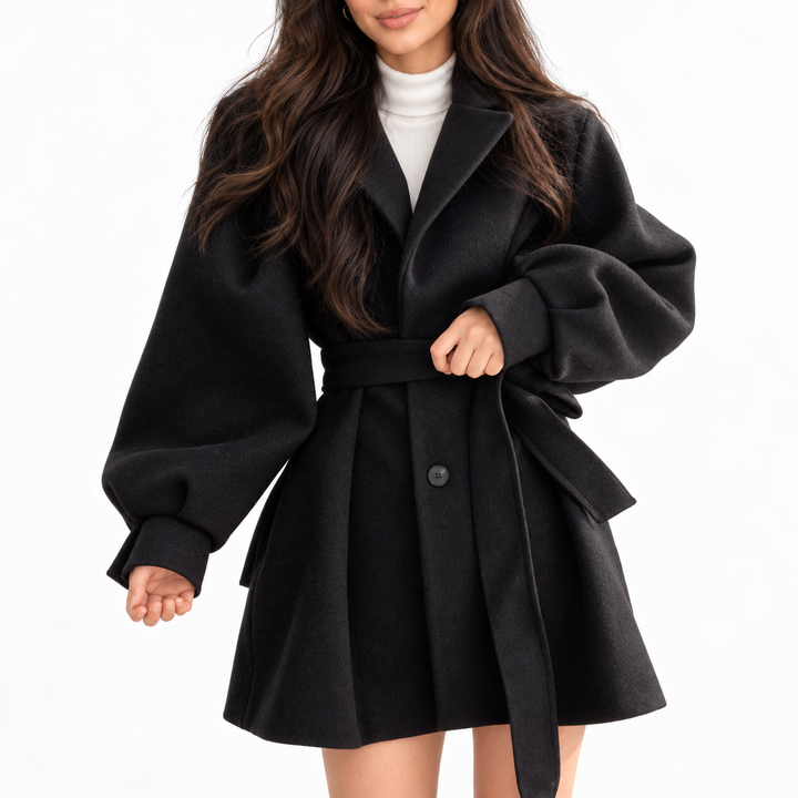Wymondham women's belted short coat in Black – front view