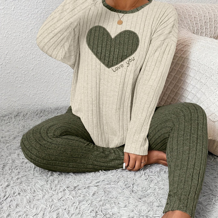 Women's Heart Print Loungewear Set Long Sleeve Top Trousers