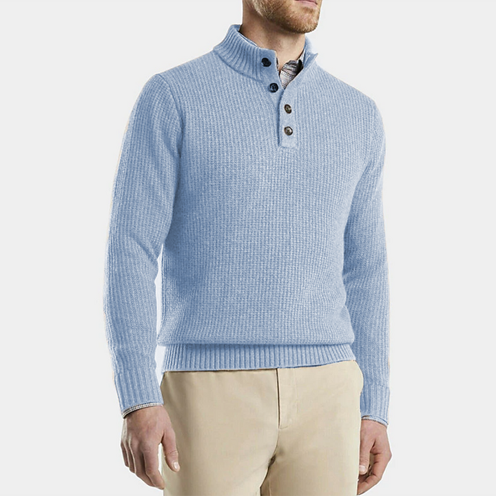 Men's Button Neck Knitted Jumper – Yorick in Blue, front view