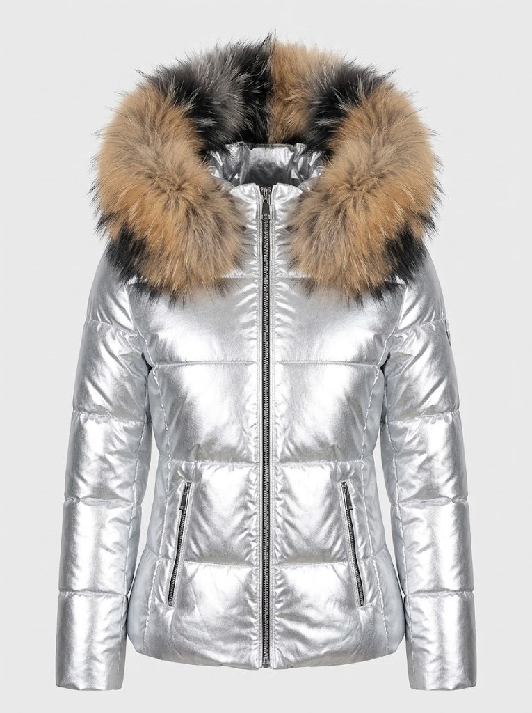Tadcaster women's faux fur hood puffer jacket in Silver – front view