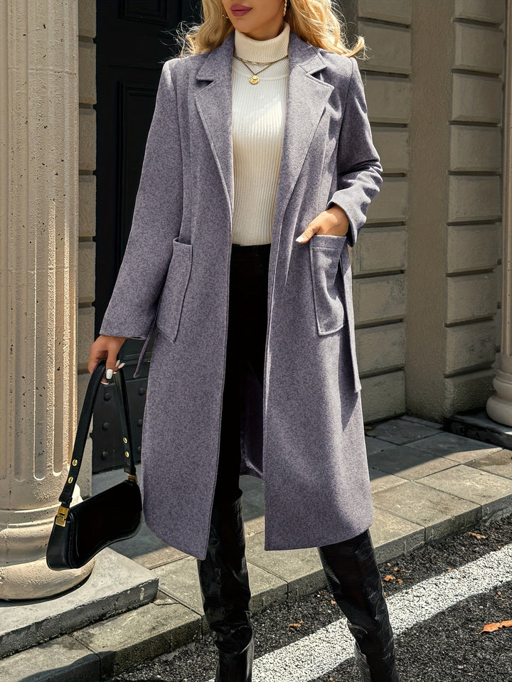 Women's belted wrap coat Romilly in Grey – worn open view