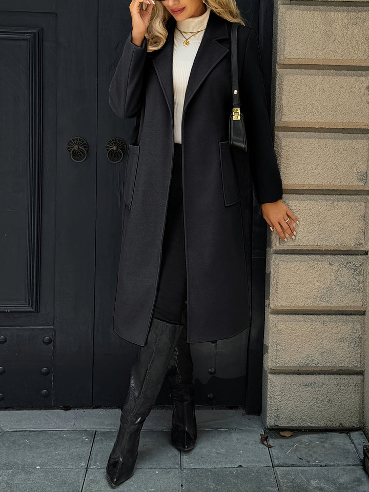 Women's belted wrap coat Romilly in Black – open front full-length view