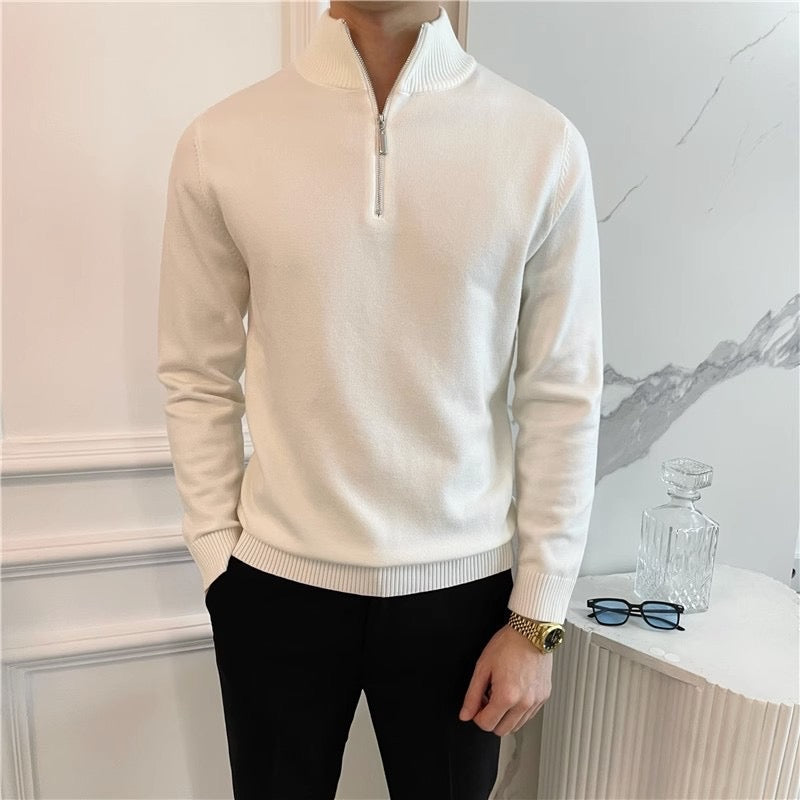 Men's fine knit quarter zip jumper in white – Oberon – front view with black trousers