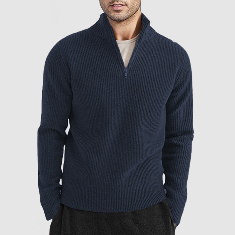 Men's Ribbed Quarter Zip Jumper – Galen in Dark Blue, front view