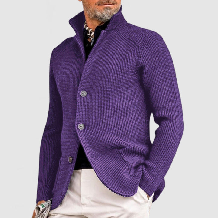Men's stand collar knit cardigan Jorvik in Purple – front view