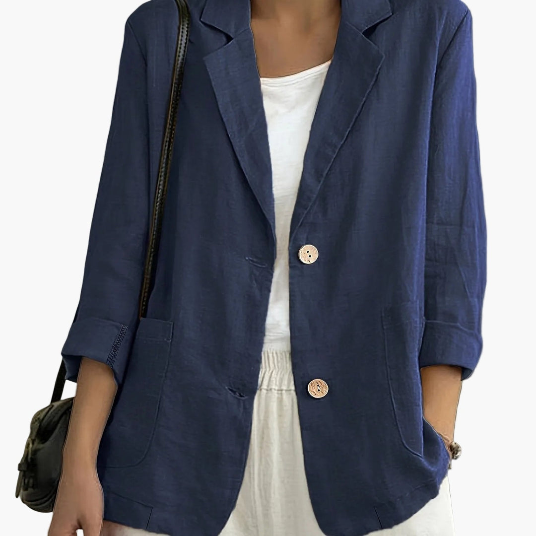 Women's Linen-Look Blazer with Patch Pockets and Rolled Sleeves – Ascot – Navy – detail view