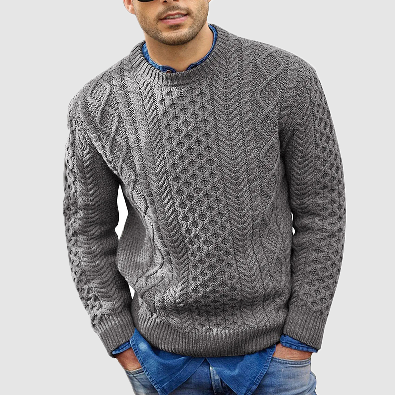 Men's cable knit crew neck jumper Zevran in Grey – front view worn over a denim shirt