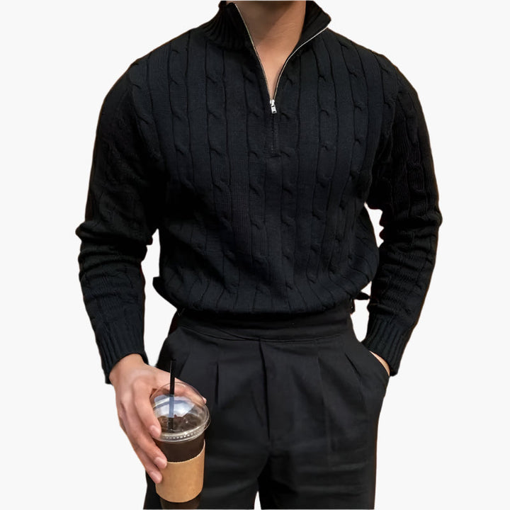 Men's cable knit half zip jumper in black – Paxton – front view