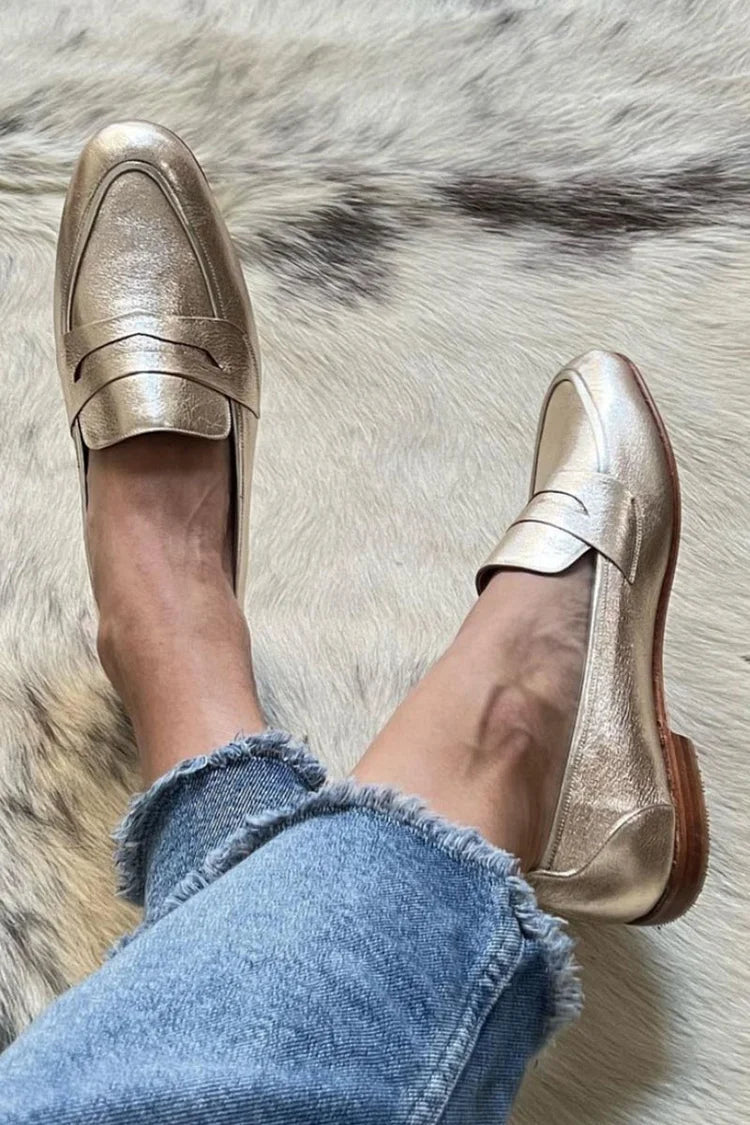 Women's Metallic Loafers with Apron Toe and Flat Sole