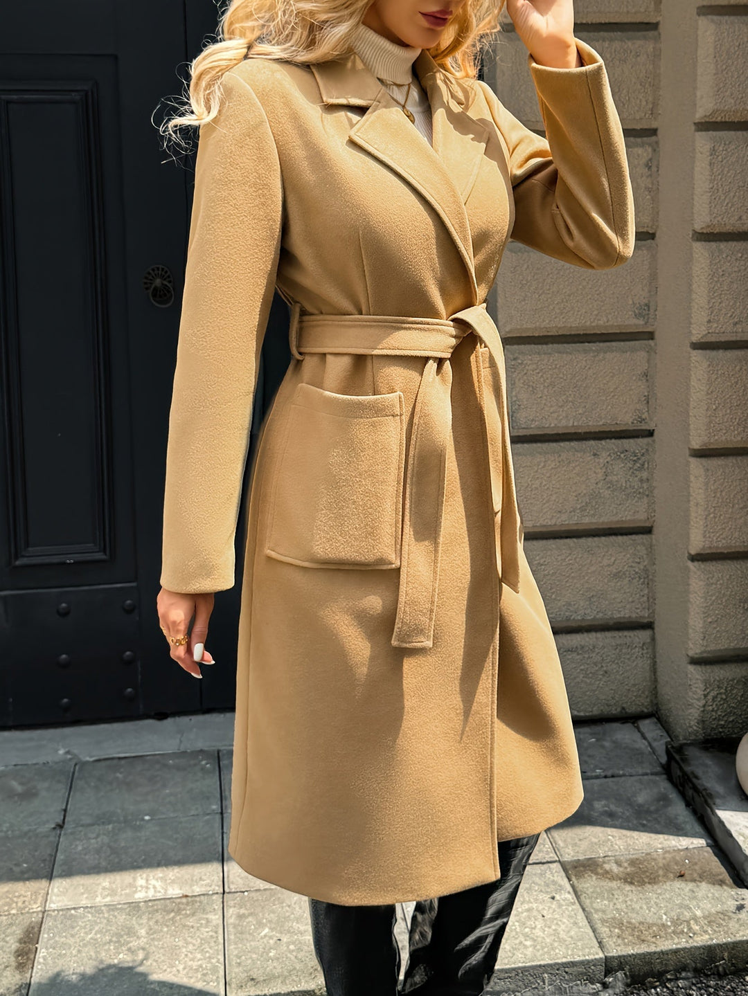 Women's belted wrap coat Romilly in Camel – side belted view