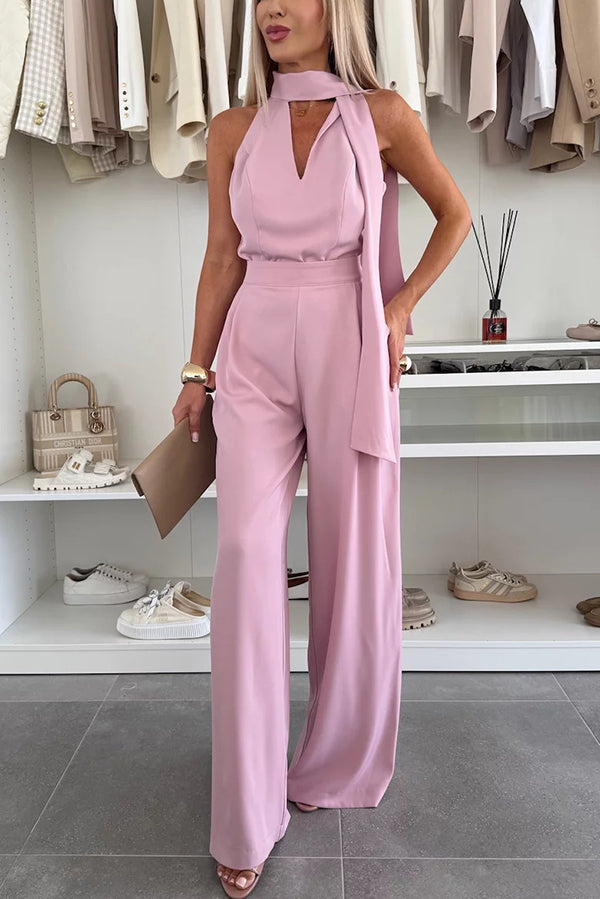 Arele - Ribbon Neck Pocketed Wide Leg Jumpsuit