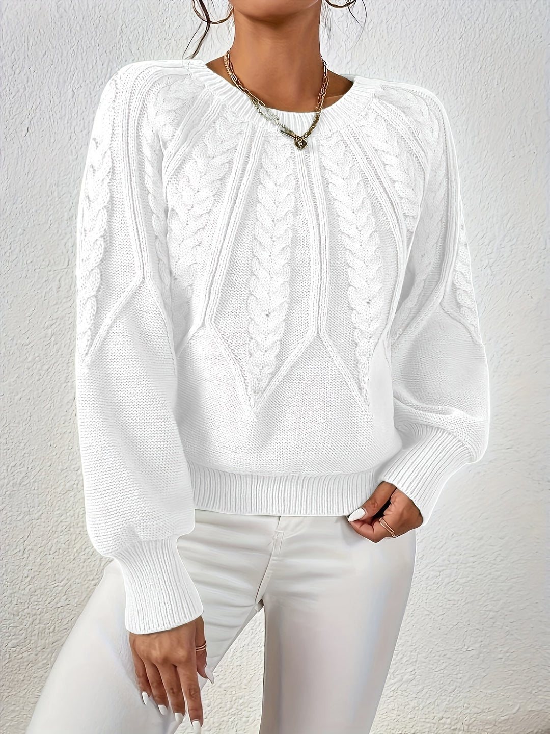Women's cable knit jumper Ulla in White – full model view
