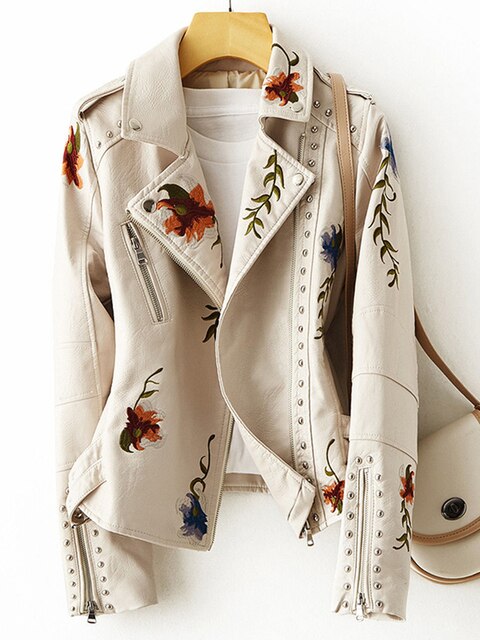 Women's embroidered biker jacket Susannah in Beige – front view