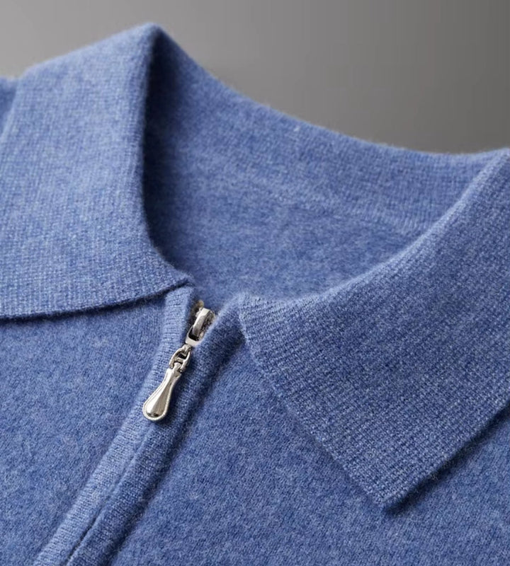 Blue knitted polo jumper – close-up of polo collar and half zip
