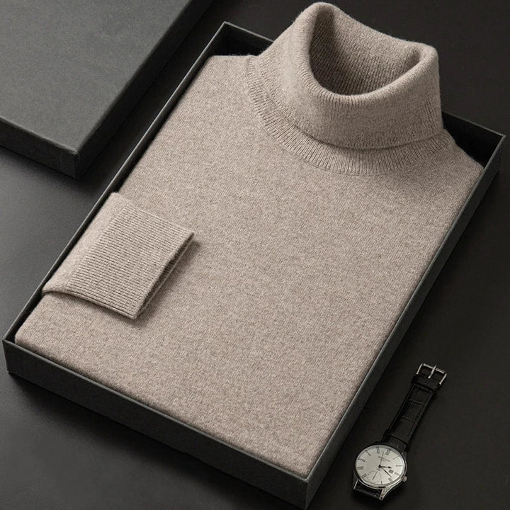 Men's fine knit roll neck jumper Zack in Taupe – folded in box
