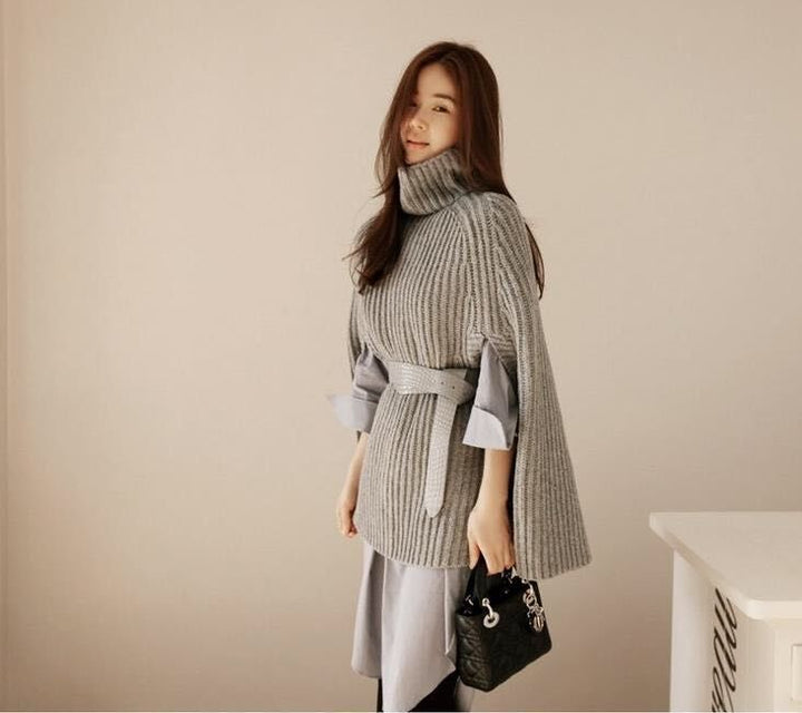 Women's poncho cape jumper Martha in Grey – belted styling