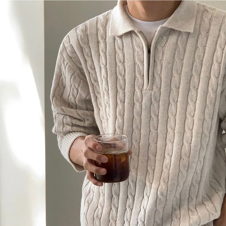 Men's cable knit quarter zip polo jumper in cream – Wrenley – close-up of cable knit and zip collar
