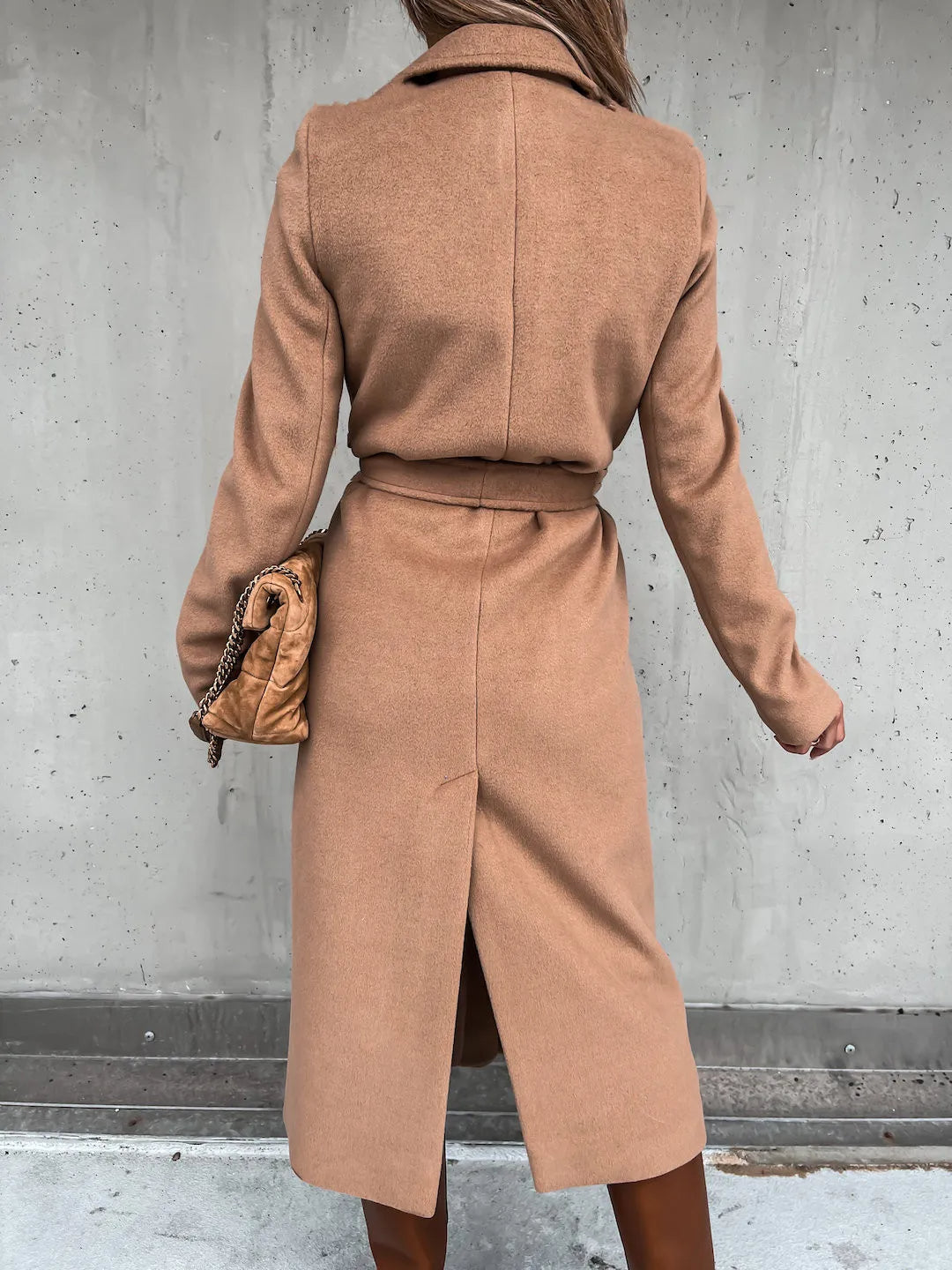 Women's belted wrap coat Lettie in Khaki – back view with vent