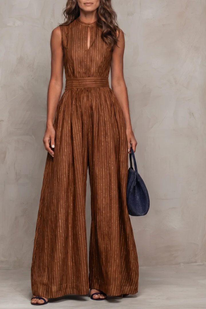 Women's Striped Wide Leg Jumpsuit with Keyhole Neckline - Ambrielle