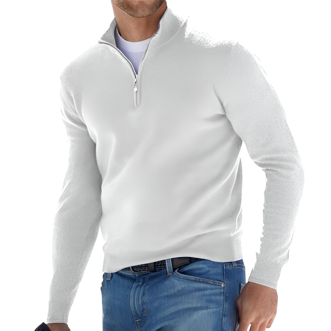 Men's white fine knit half zip jumper – front view