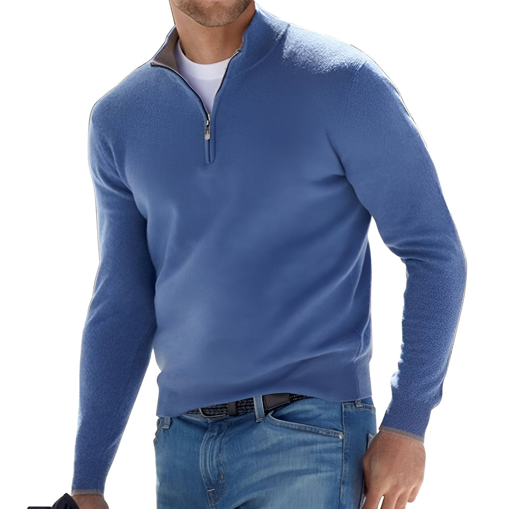 Men's blue fine knit half zip jumper – front view