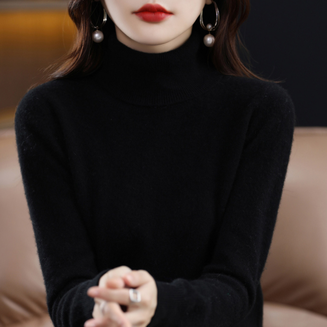 Glenna - Women's cashmere blend roll neck jumper in Black – front view