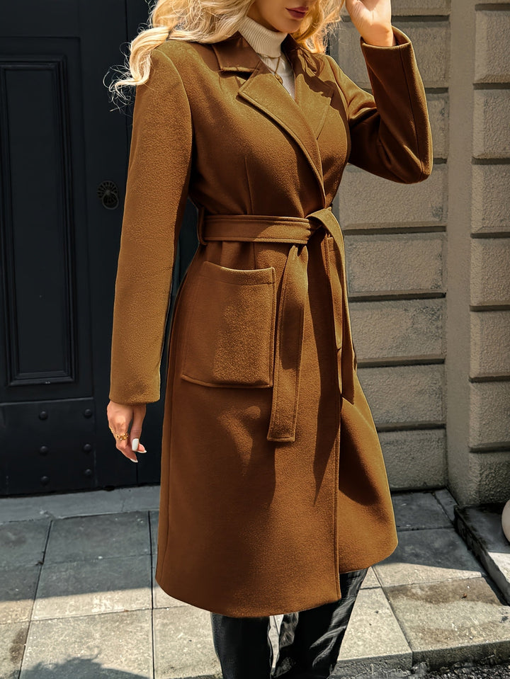 Women's belted wrap coat Romilly in Light Brown – side belted view