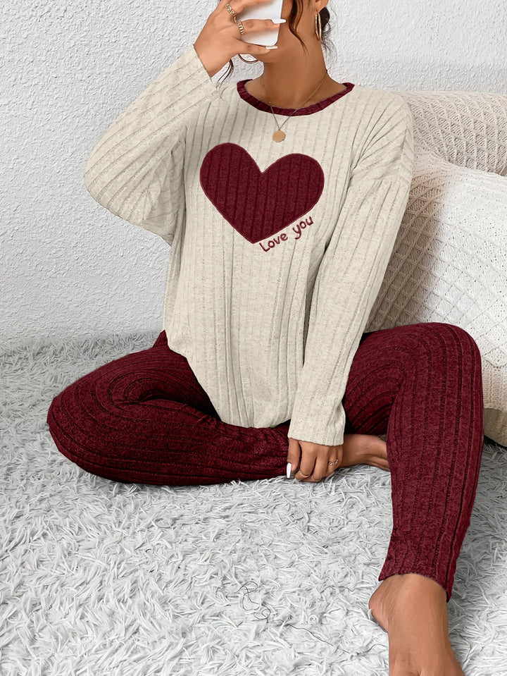 Women's Heart Print Loungewear Set Long Sleeve Top Trousers