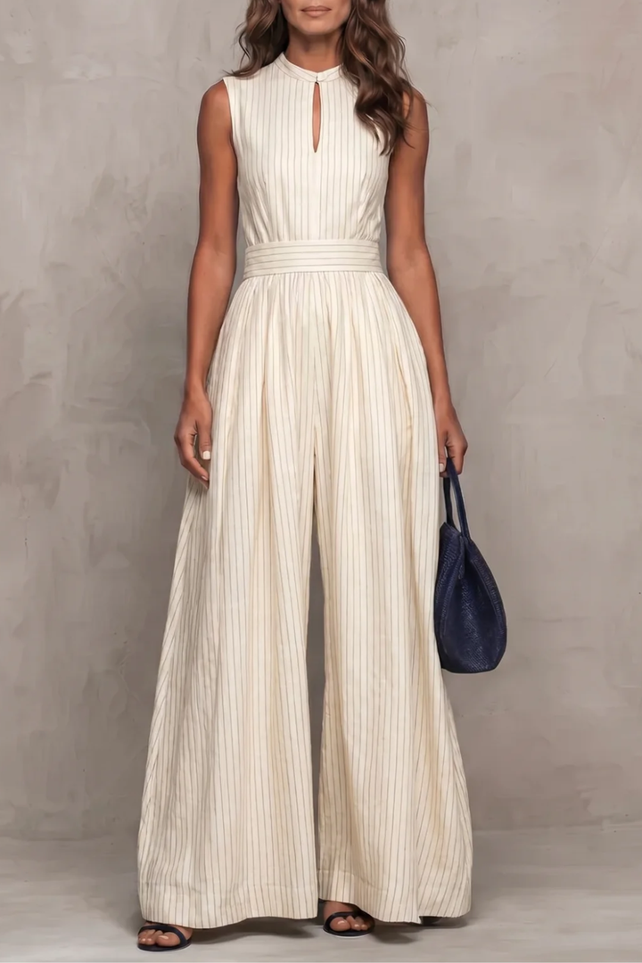 Women's Striped Wide Leg Jumpsuit with Keyhole Neckline - Ambrielle
