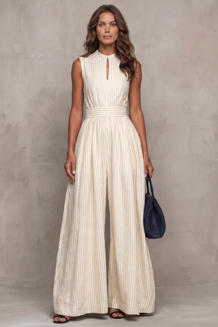 Women's Striped Wide Leg Jumpsuit with Keyhole Neckline - Ambrielle