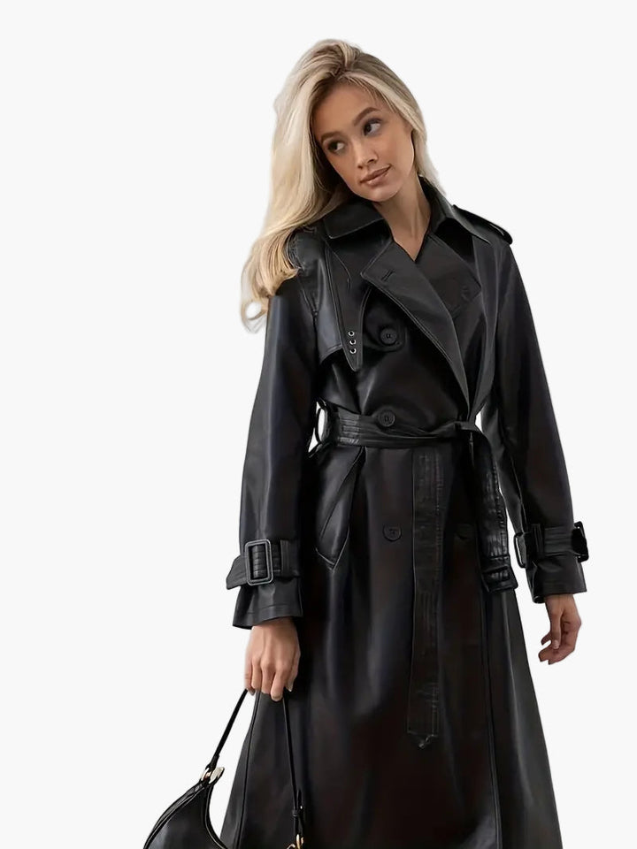 Reeth women's faux leather trench coat in Black – front view