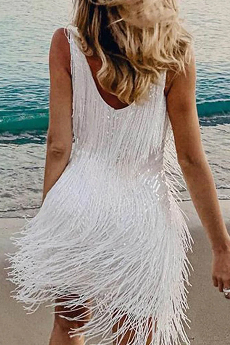 Women's Layered Fringe Mini Dress Sleeveless V-Neck