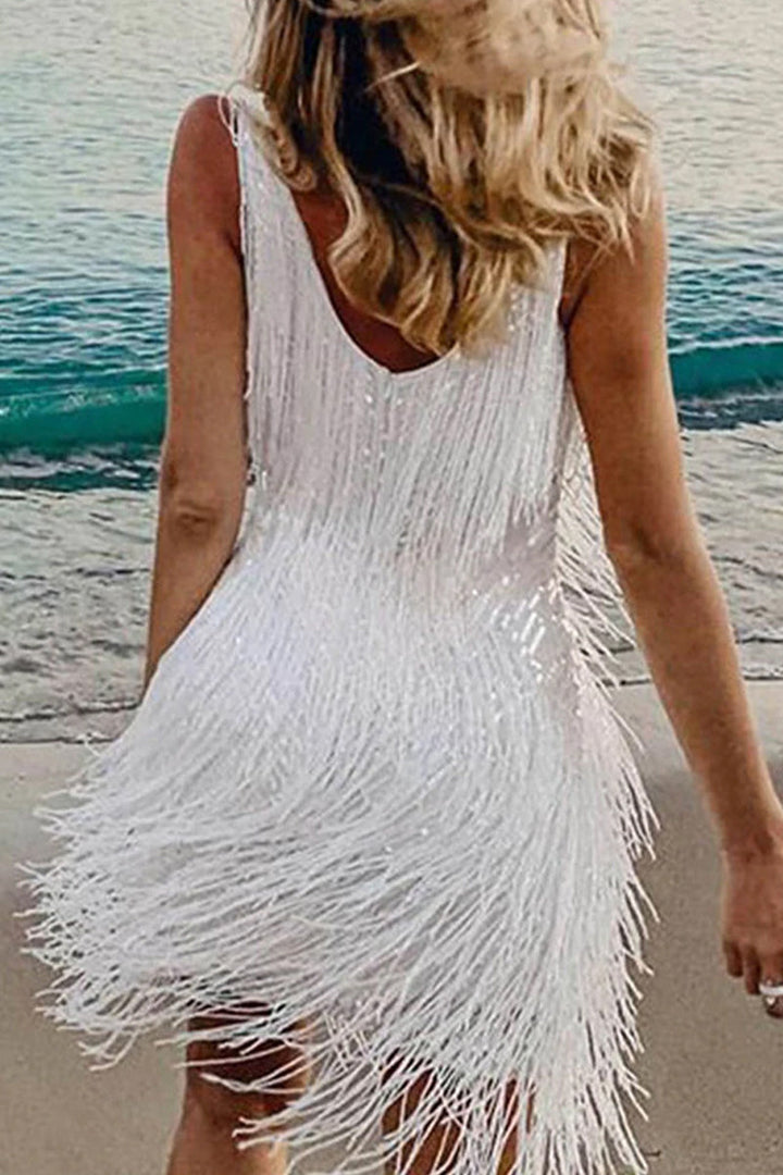 Women's Layered Fringe Mini Dress Sleeveless V-Neck