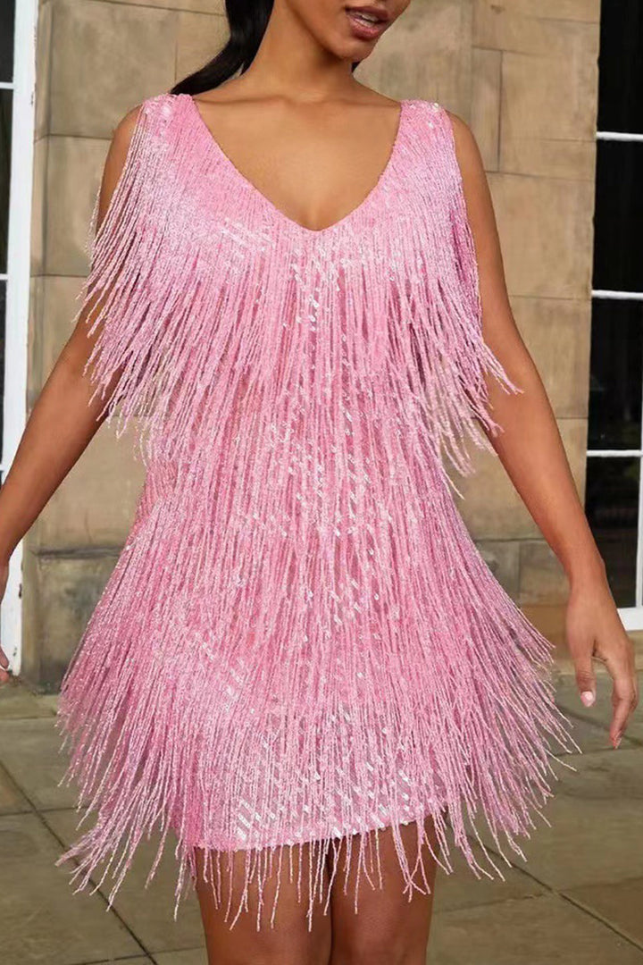 Women's Layered Fringe Mini Dress Sleeveless V-Neck