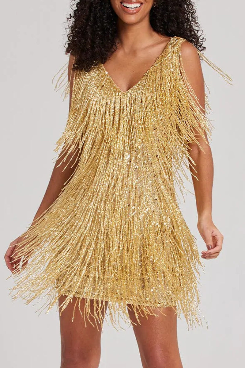 Women's Layered Fringe Mini Dress Sleeveless V-Neck