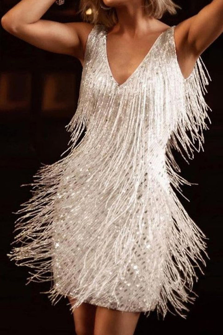 Women's Layered Fringe Mini Dress Sleeveless V-Neck