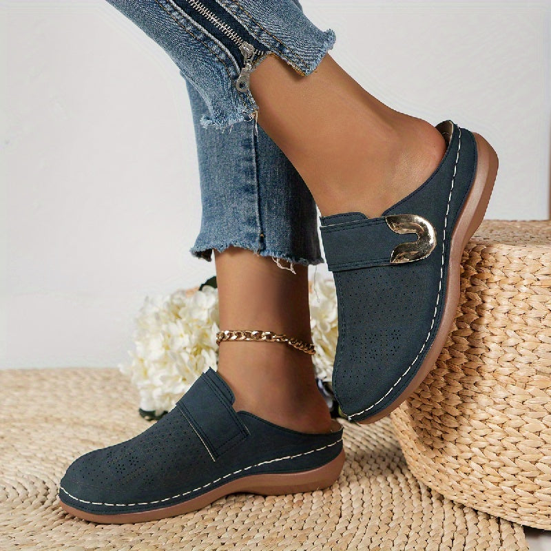 Women's closed toe mules Annabelle in Blue – worn side view