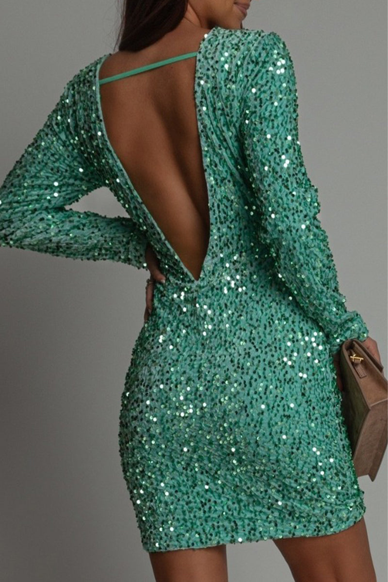 Women's sequin mini dress Jemima in Cyan – open back view
