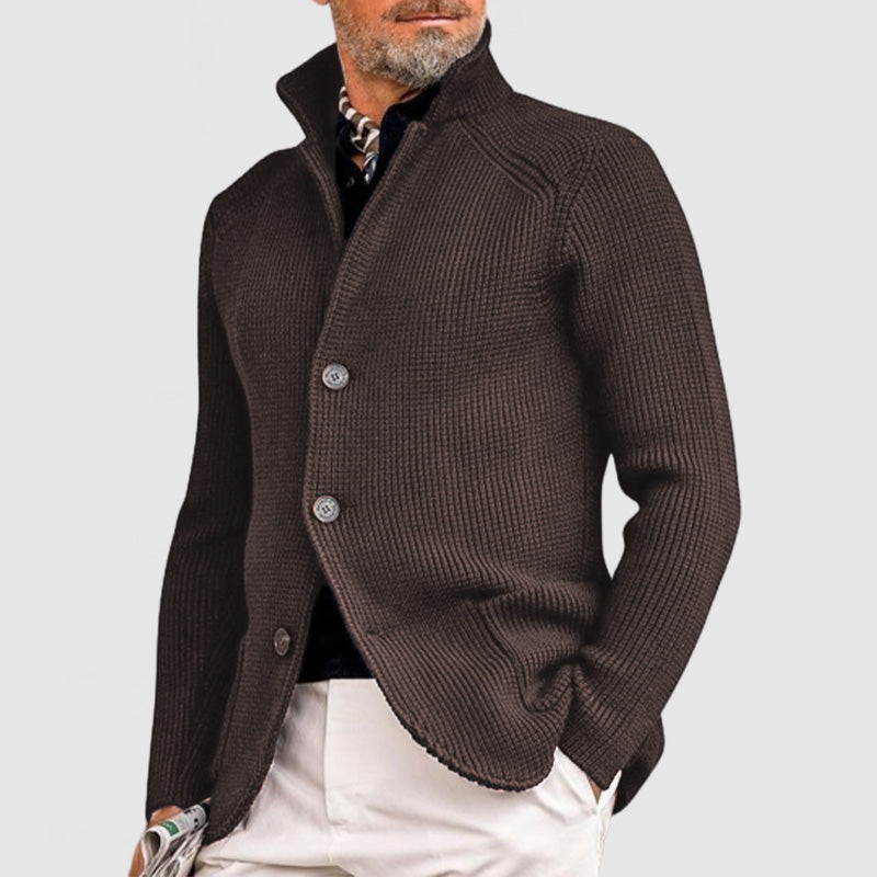 Men's stand collar knit cardigan Jorvik in Brown – front view