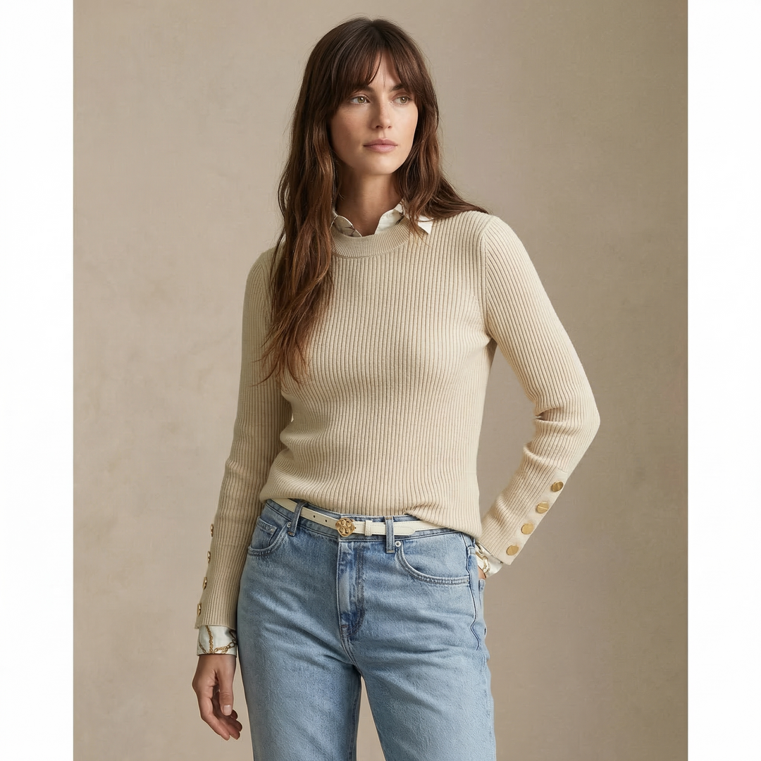 Jennet - Women's rib knit jumper in Cream – alternate front view
