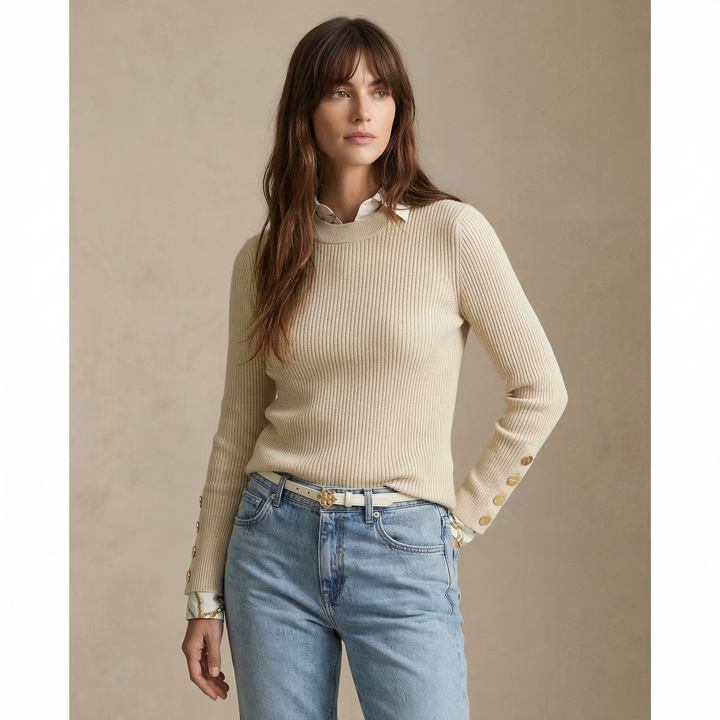 Jennet - Women's rib knit jumper in Cream – alternate front view