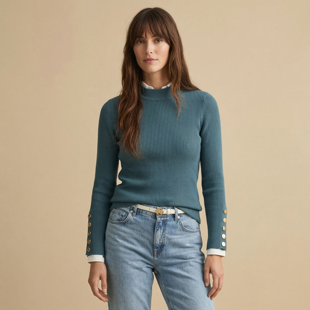 Jennet - Women's rib knit jumper in Teal – front view