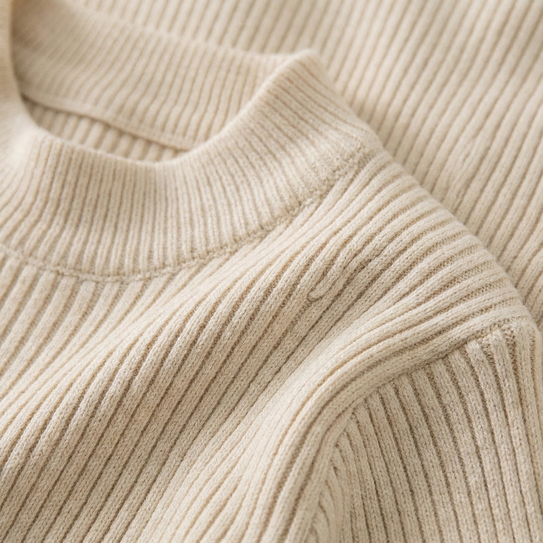 Jennet - Women's rib knit jumper in Cream – neckline detail